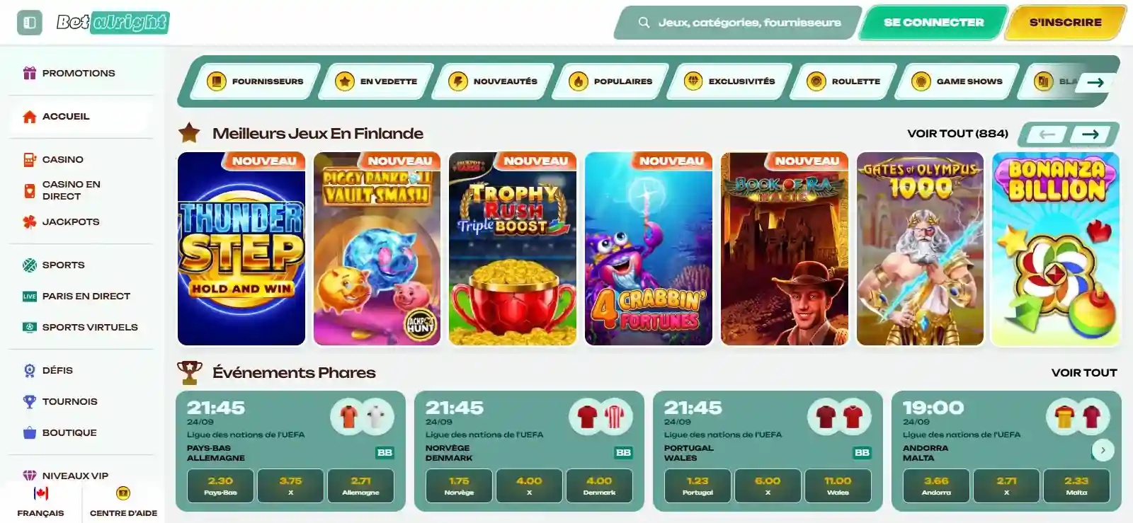 Capture de l'interface officielle Betalright en français