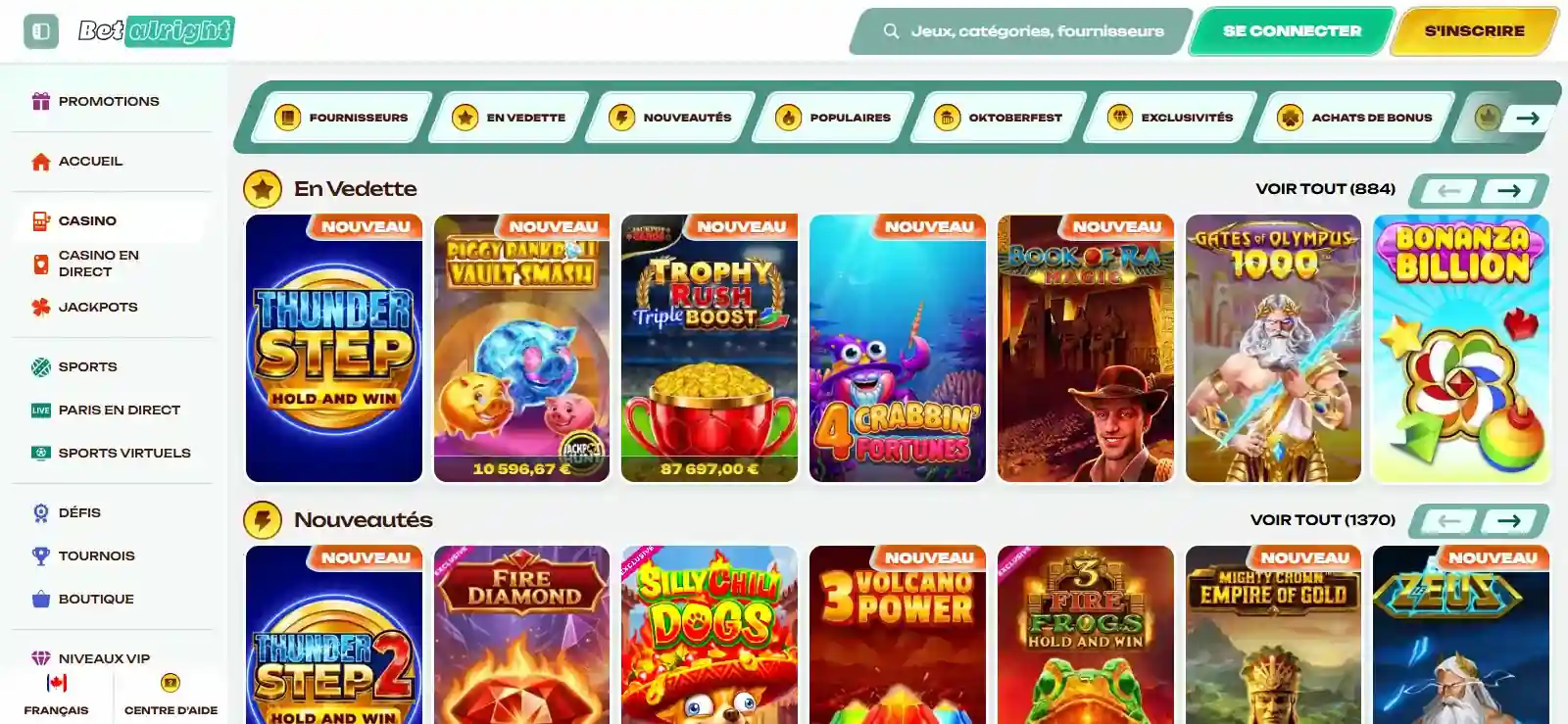 Capture du catalogue de jeux Betalright avec ses catégories principales