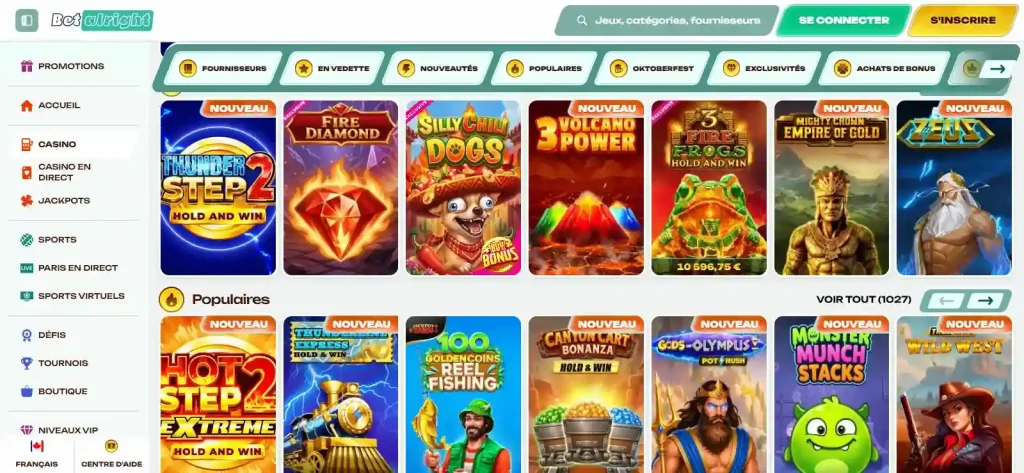 Capture attendue du catalogue Betalright montrant les catégories de jeux