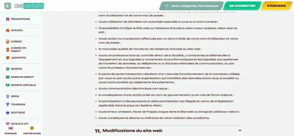 Capture des conditions Betalright montrant une restriction territoriale sur certains jeux ou fournisseurs