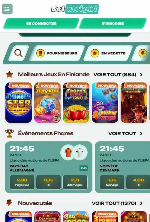 Interface Betalright affichée dans un navigateur sur smartphone