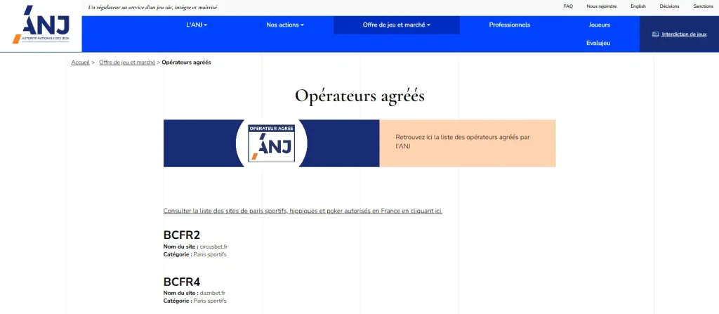 Registre officiel ANJ des opérateurs de jeux en ligne agréés